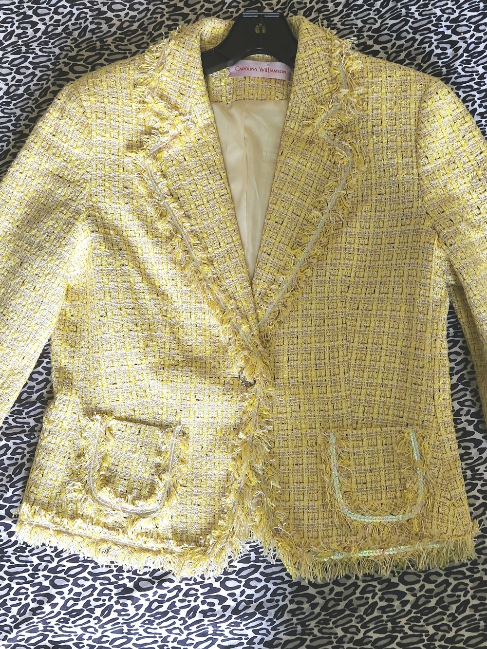 Yellow Tweed Fringed Women's Blazer Silver Sequin Detail Jeweled Button US 6-8